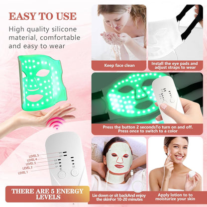 7 Colors Led Face Mask Light Therapy,Red Light Therapy for Face,Red Light Therapy for Face and Neck,Led Mask Light Therapy at Home,Portable,Led Face Mask Can Be Used at Home and Travel,White Green