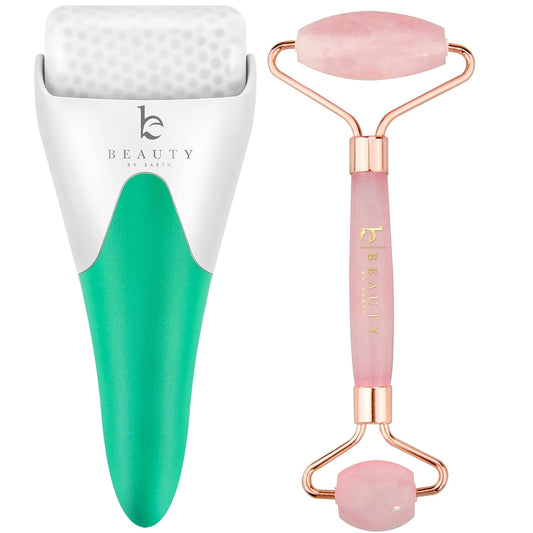 Ice & Rose Quartz Roller for Face - Face Massager Skin Care Tools with Small Eye Roller for Puffy Eyes