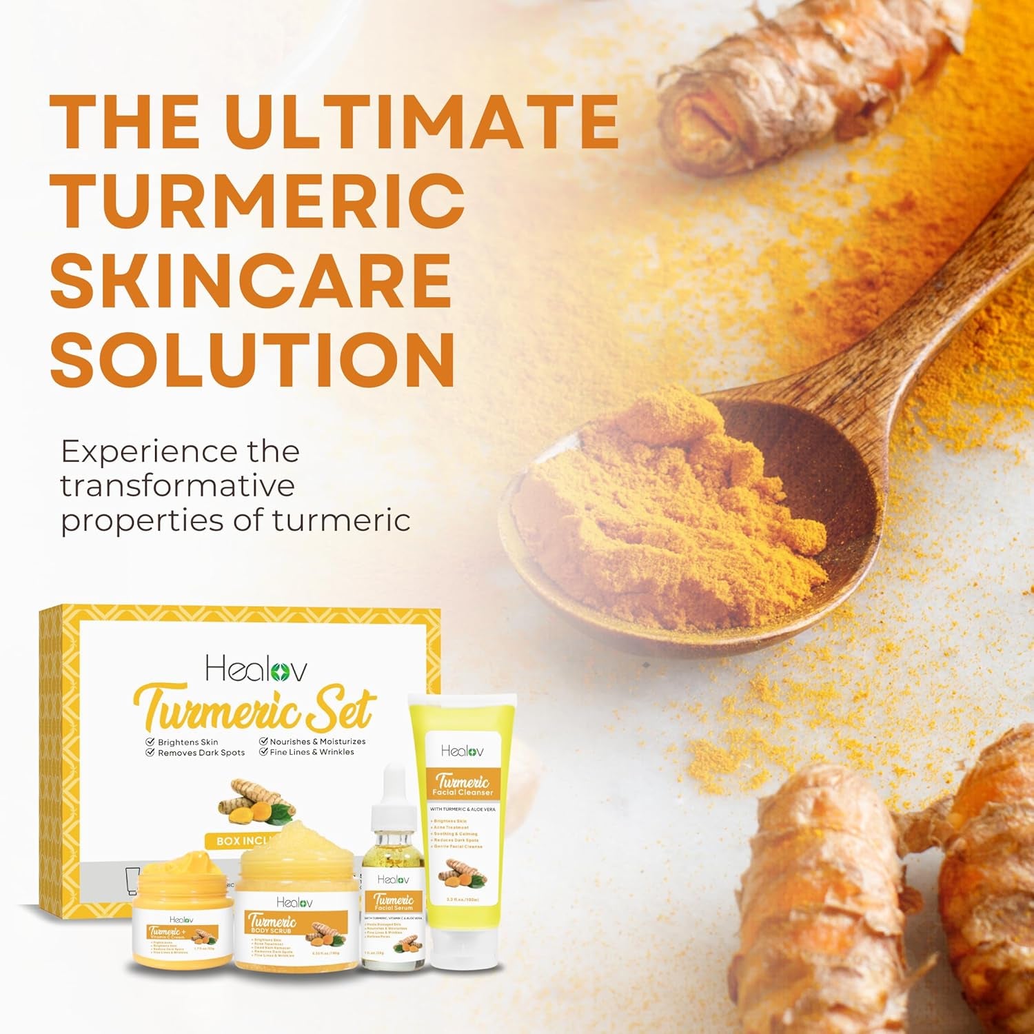 Turmeric Skincare Set - Turmeric Skin Care Products Brightening & Acne - Turmeric Skin Care Kit, Turmeric Skin Care Set - Turmeric Cleanser, Body Scrub, Face Cream & Facial Serum