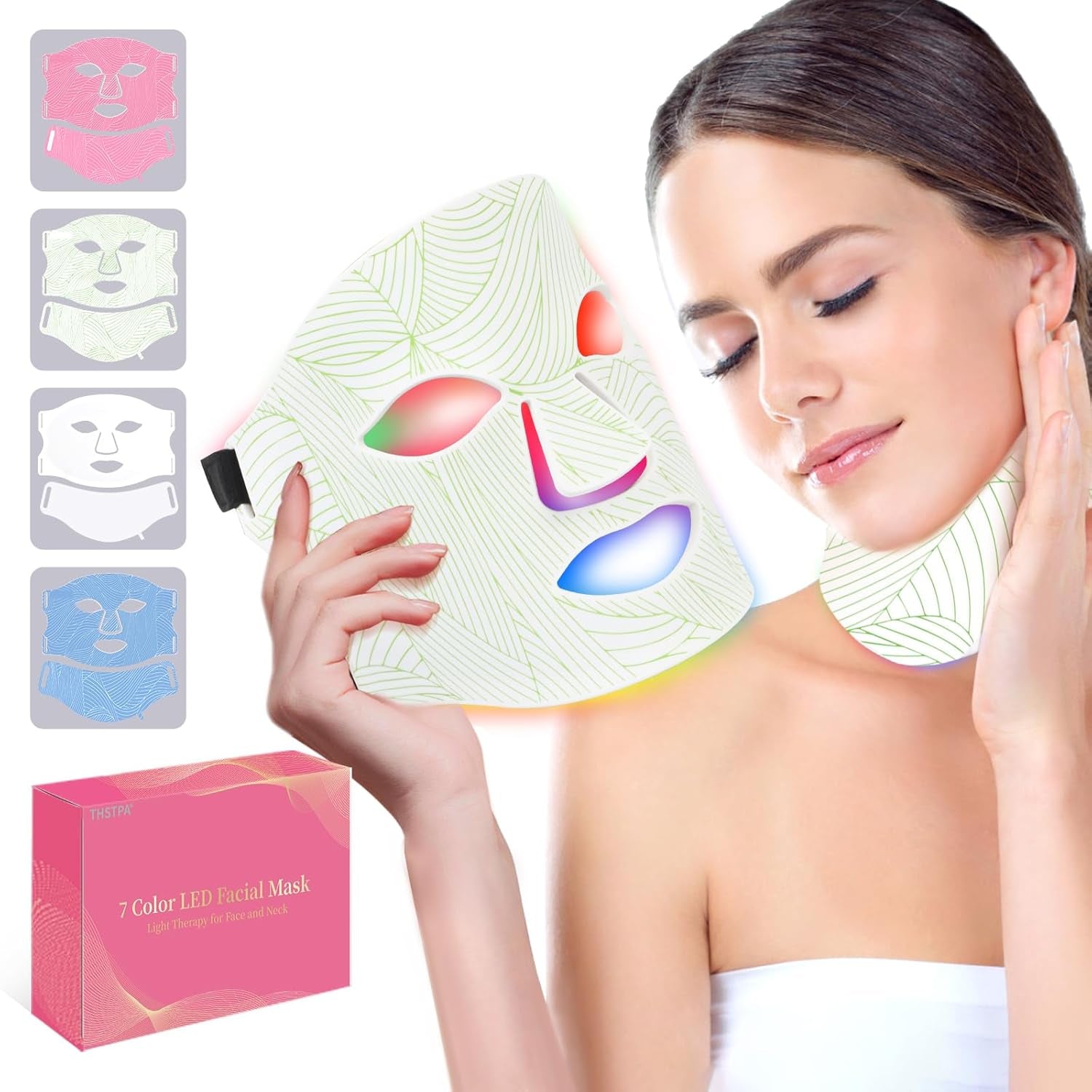 7 Colors Led Face Mask Light Therapy,Red Light Therapy for Face,Red Light Therapy for Face and Neck,Led Mask Light Therapy at Home,Portable,Led Face Mask Can Be Used at Home and Travel,White Green